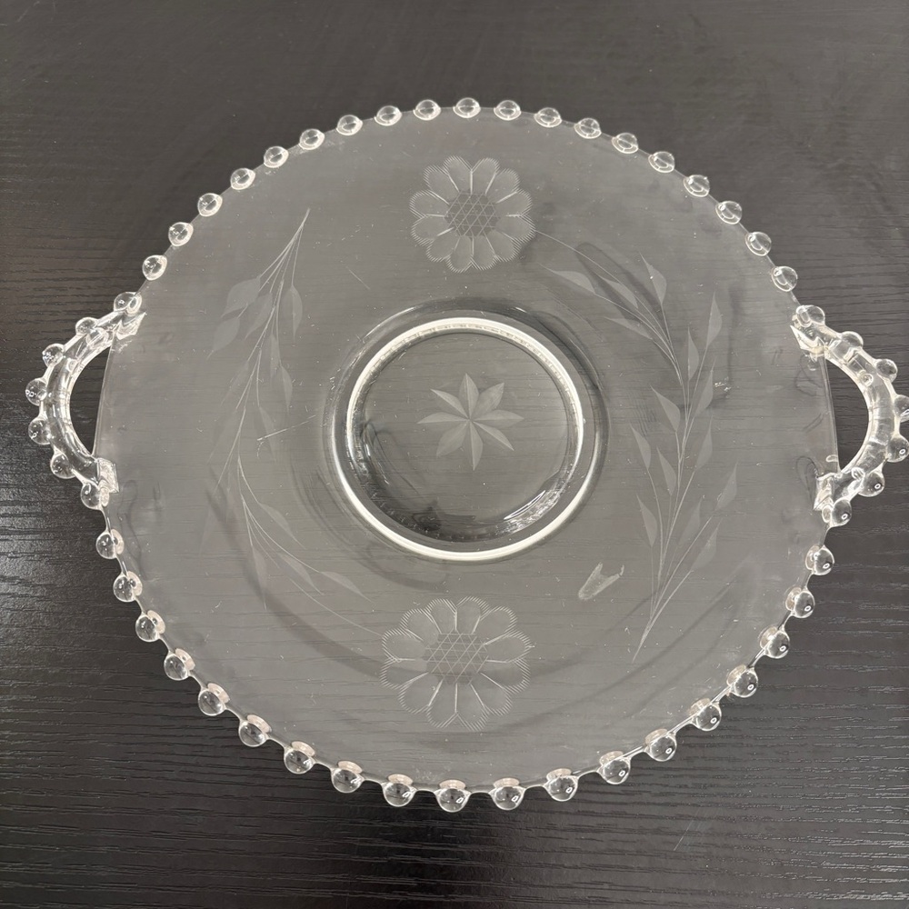 Vintage Etched Plate Beaded Edge Handles Clear Glass Florals Sunflower Round 9”